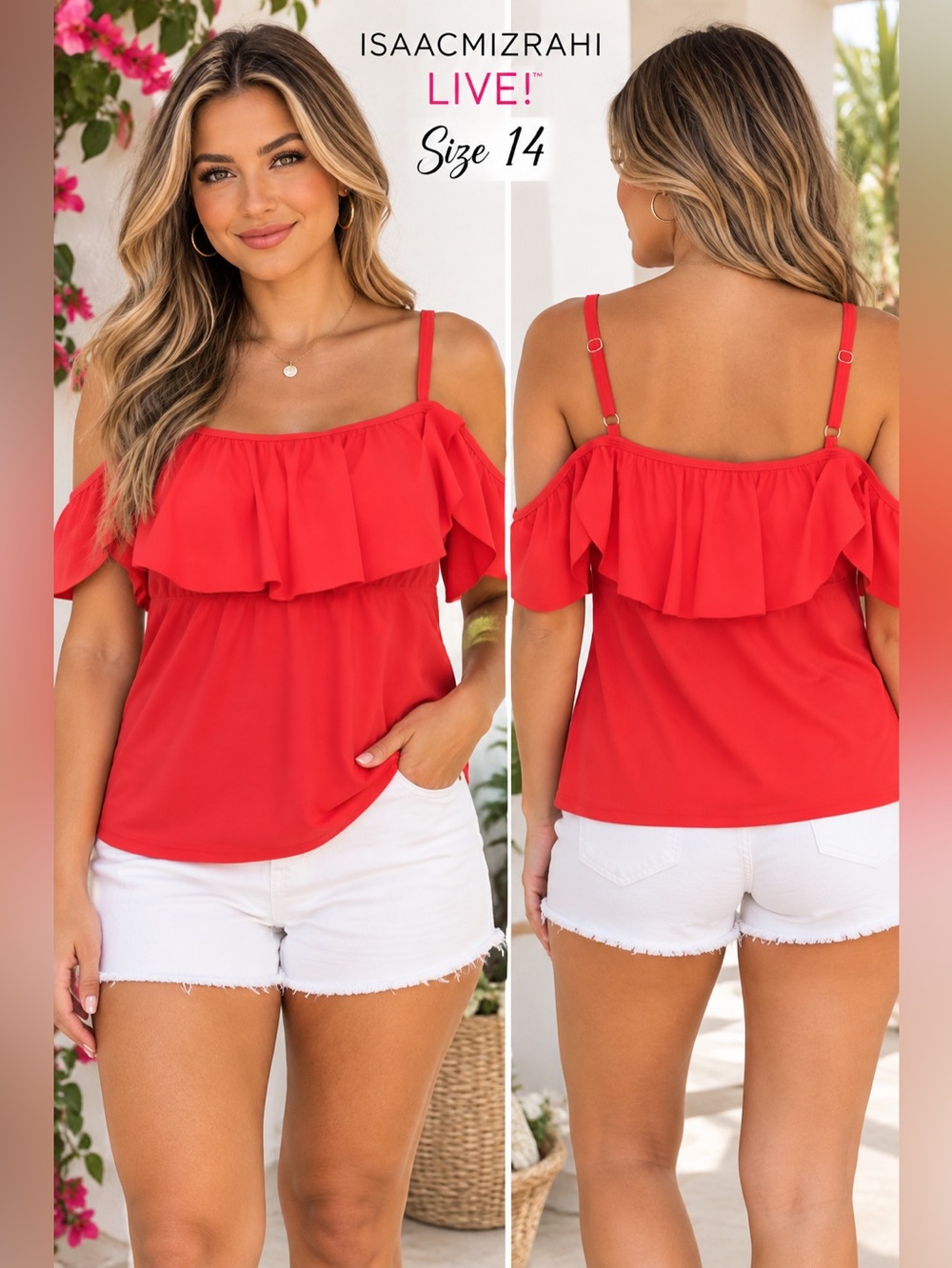 Isaac Mizrahi Live! Red Cold Shoulder Ruffle Top Size 14